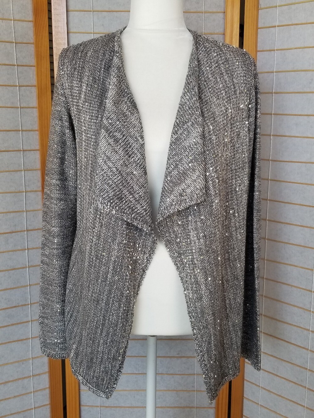 WHBM Shimmer Waterfall Cardigan Sweater Open Front Sequins Silver and Gold